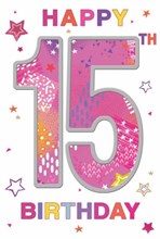 Age 15 Girl Birthday Card - Pink Number Multicolour Writing Silver Foil 7.5x5.25