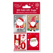 Pack of 20 Christmas Foil Gift Tags with Red Twine String - Cute Santa Designs