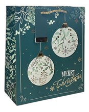 Medium Christmas Gift Bag - Green with Mistletoe Baubles and Gold Foil 10x8"