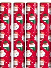 16m (4x4m) Christmas Gift Wrapping Paper - Red with Santa Faces Green Stars