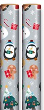 8m (2 x 4m) Cute Christmas Gift Wrap Paper Roll - Silver with Santa Penguin Tree