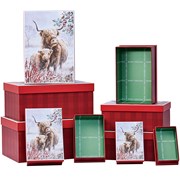 Set Of 10 Oblong Christmas Nested Gift Boxes - Highland Cows in Snow
