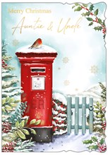 Auntie & Uncle Christmas Card - Robin on Post Box Gold Foil Snowflakes 7.5x5.25"