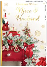 Niece & Husband Christmas Card - Santa & Garland on Red Dresser Gold 7.5x5.25"