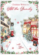 To All the Family Christmas Card - Pub and Shops in Snow with Red Foil 7.5x5.25"