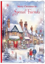 Special Friends Christmas Card - Couple & Dog in Snowy Street Red Foil 7.5x5.25"