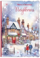 Neighbours Christmas Card - Couple & Dog in Snowy Street with Red Foil 7.5x5.25"