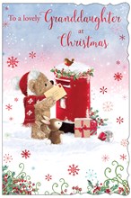 Granddaughter Christmas Card - Bear with Post box Snow Scene and Red Foil 9x6"