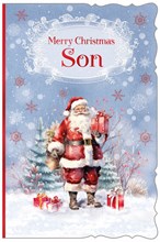 Son Christmas Card -Traditional Santa with Presents and Red Foil Snowflakes 9x6"
