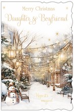 Daughter & Boyfriend Christmas Card - Snowman in Street with Lights Foil 9x6"