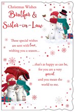Brother & Sister-in-Law Christmas Card - Snowmen Couple with Verse Red Foil 9x6"
