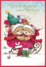 Granddaughter & Partner Christmas Card - Bears in Santa Hat and Sleigh 7.5x5.5