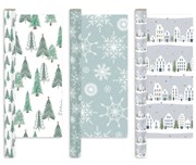 12m (3x4m) Christmas Gift Wrapping Paper - White Green Nordic Trees Houses