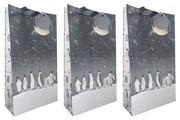 Pack of 3 Double Bottle Gift Bags with Handle & Tag - Penguins Arctic Skies