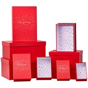 Set Of 10 Oblong Nested Gift Boxes - Red with Gold Foil Merry Christmas and Star