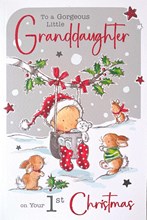Jonny Javelin Granddaughter's 1st Christmas Card -Baby in Tree Swing Glitter 9x6