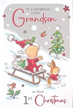 Jonny Javelin Grandson's First Christmas Card - Baby on Sledge Glitter Foil 9x6