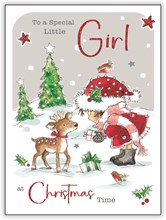 Special Little Girl Christmas Card - Girl in Santa Hat Baby Reindeer 7.5x5.25"