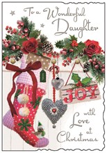 Jonny Javelin Daughter Christmas Card - Stocking & Flowers Glitter Foil 9x6.25"