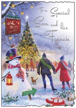 Son & Fiancée Christmas Card - Couple Skating Snowman Tree Glitter Foil 9x6.25"