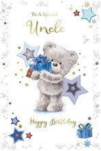 Uncle Birthday Card - Bear with Blue Presents Stars and Gold Foil 9x6"