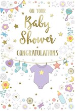 Baby Shower Card - Unisex Boy or Girl Babygro Socks Stars Gold Foil 9x6"