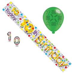 Age 10 Unisex Birthday Party Pack - Banner, Balloons, Number Candle