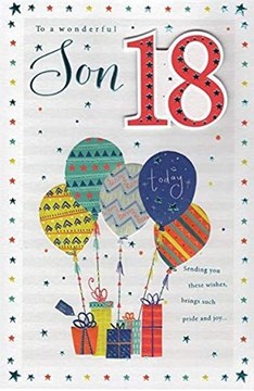 Son 18th Birthday Card - Multicoloured Balloons, Gifts, Stars & Gold Foil 9 x 6" Son 18th Birthday Card - Multicoloured Balloons, Gifts, Stars & Gold Foil 9 x 6"