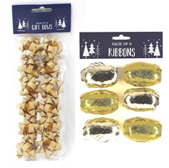 Pack of 12 Small Glitter Christmas Gift Bows and 6 Metallic Ribbon - Plain Gold