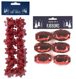 Pack of 12 Small Glitter Christmas Gift Bows and 6 Metallic Ribbon - Plain Red