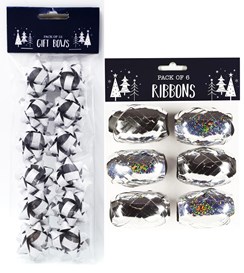 Pack of 12 Small Glitter Christmas Gift Bows and 6 Metallic Ribbon - Silver