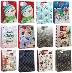 Set of 12 Extra Large Christmas Gift Bags with Rope Handle & Tag Mixed Designs