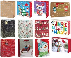 Set of 12 Large Christmas Gift Bags with Ribbon Handle & Tag Mixed Designs