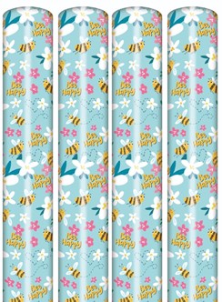 12m Floral Gift Wrapping Paper - 4 x 3m Roll's - Bee Happy Flowers Hearts
