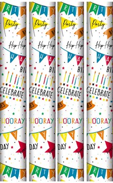 12m Birthday Gift Wrapping Paper 4x3m Multicoloured Bunting Candles Stars