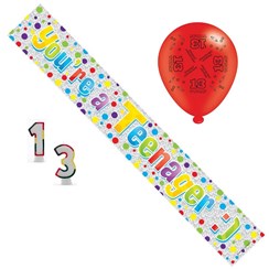 Age 13 Unisex Birthday Party Pack - Banner, Balloons, Number Candle,