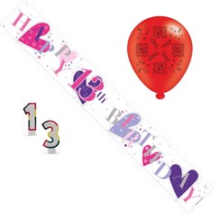 Age 13 Girl Birthday Party Pack - 13th Banner, Balloons, Number Candle