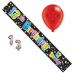 Age 13 Boy Birthday Party Pack - Banner, Balloons, Number Candle Age 13 Boy Birthday Party Pack - Banner, Balloons, Number Candle