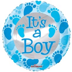 Round 18" Baby Boy Foil Helium Balloon (Not Inflated) - Blue Text & Footprints
