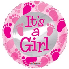 Round 18" Baby Girl Foil Helium Balloon (Not Inflated) - Pink Text & Footprints
