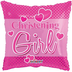 Square 18" Christening Foil Helium Balloon (Not Inflated) - Pink Text & Hearts
