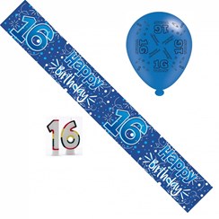 Age 16 Boy Birthday Party Pack - 16th Blue Banner, Balloons, Number Candles