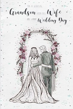 ICG Grandson & Wife Wedding Day Card - Couple under Floral Arch with Foil 9"x6"