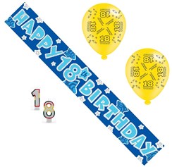 Age 18 Male Birthday Party Pack - Banner, Balloons,Candles, Age 18 Male Birthday Party Pack - Banner, Balloons,Candles,