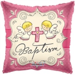 Square 18" Baptism Foil Helium Balloon (Not Inflated) - Pink Angels & Cross