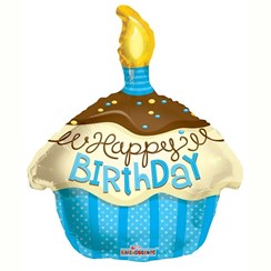 Happy Birthday 18" Foil Helium Balloon (Not Inflated) - Blue & Yellow Cake Shape