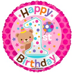 Round 18" 1st Birthday Foil Helium Balloon (Not Inflated) - Age 1 Girl Bear