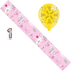 Age 1 Girl Birthday Party Pack - 1st Banner, Balloons, Number Candle
