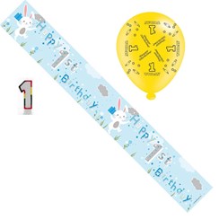Age 1 Boy Birthday Party Pack - Banner, Balloons, Number Candle, Age 1 Boy Birthday Party Pack - Banner, Balloons, Number Candle,