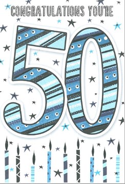 Age 50 50th Birthday Card - Blue Striped Number Candles Silver Foil 7.75x5.25"